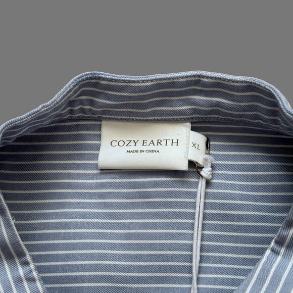 Cozy Earth Mens Coastal Comfort Mock Neck SS Button Down Ocean Stripe Size XL - Picture 4 of 8